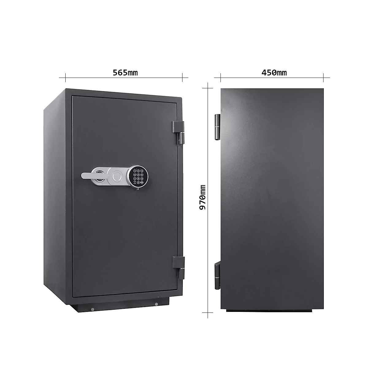 Coffre-fort gris avec serrure électronique, dimensions en mm indiquées.