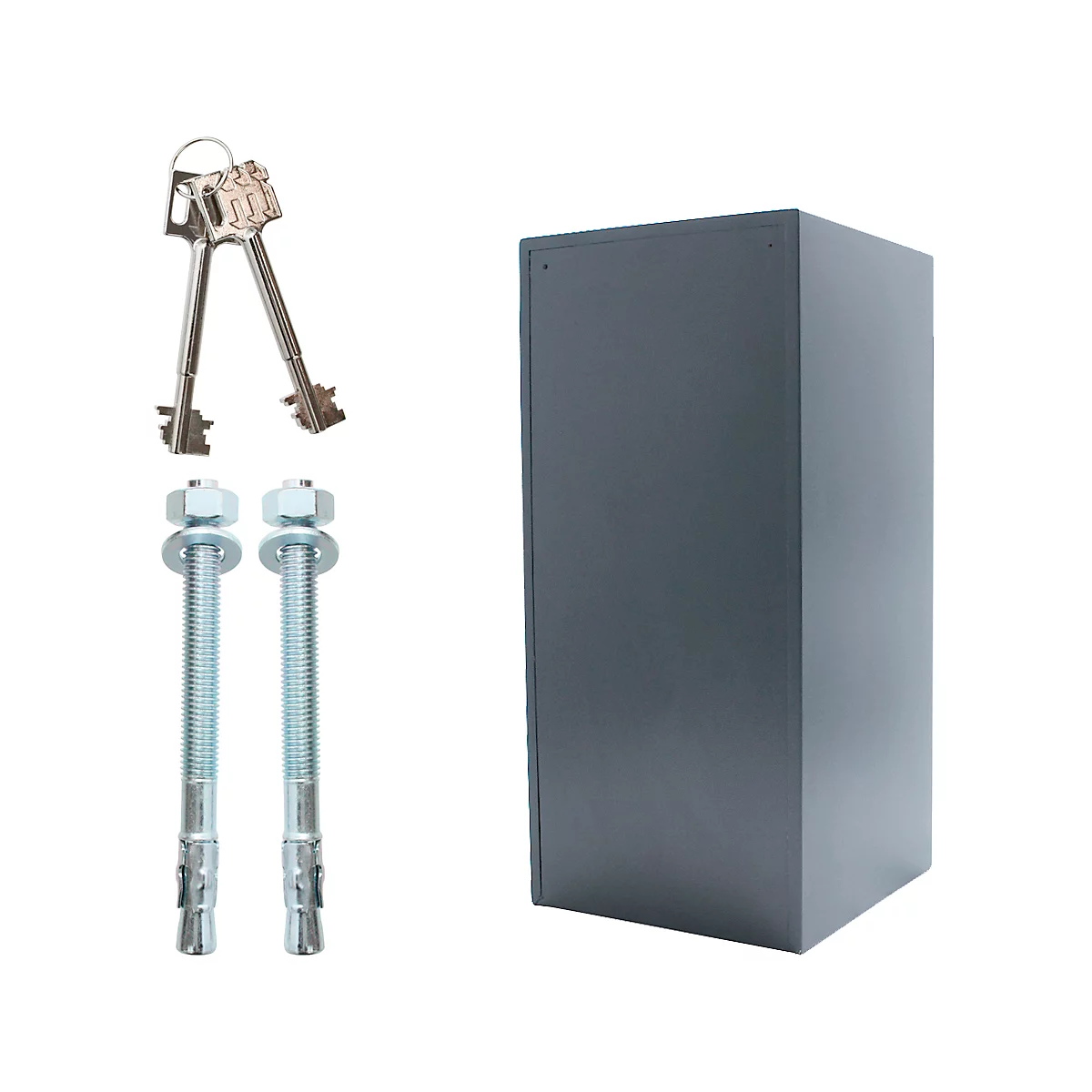 Armoire grise avec clés et fixations sur fond blanc.