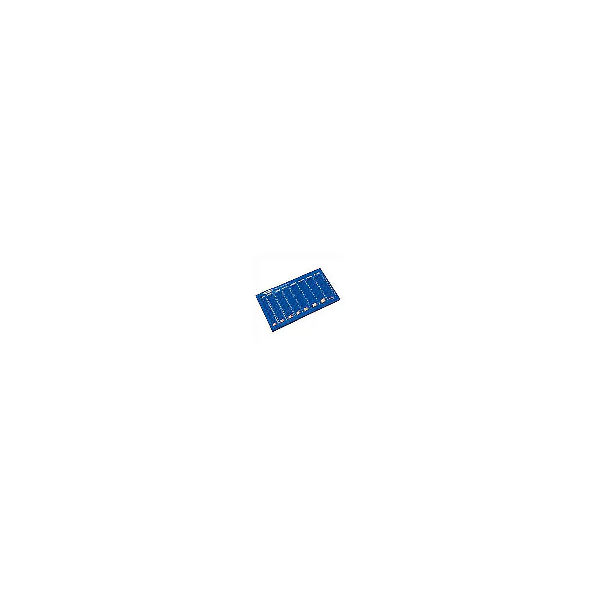 Blue coin counting tray with slots for coins. White labels: 1 cent to 2 euros.