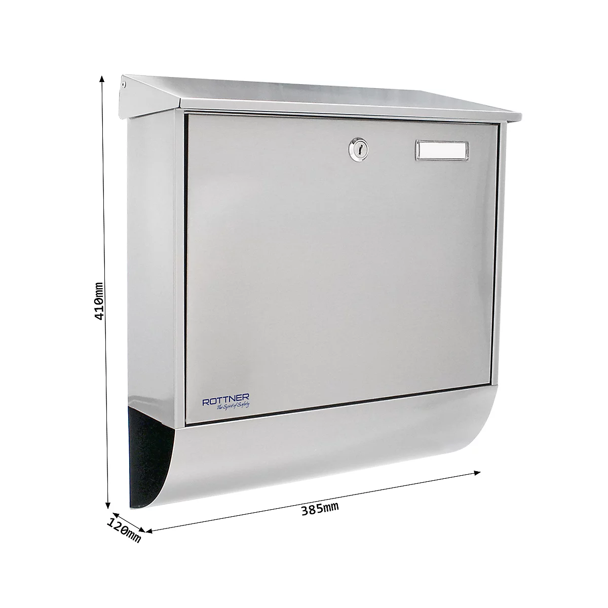 Rottner Expo Inox brievenbus, wandmontage, naamplaatje, postrol, cilinderslot, incl. 2 sleutels, roestvrij staal, B 385 x D 120 x H 410 mm