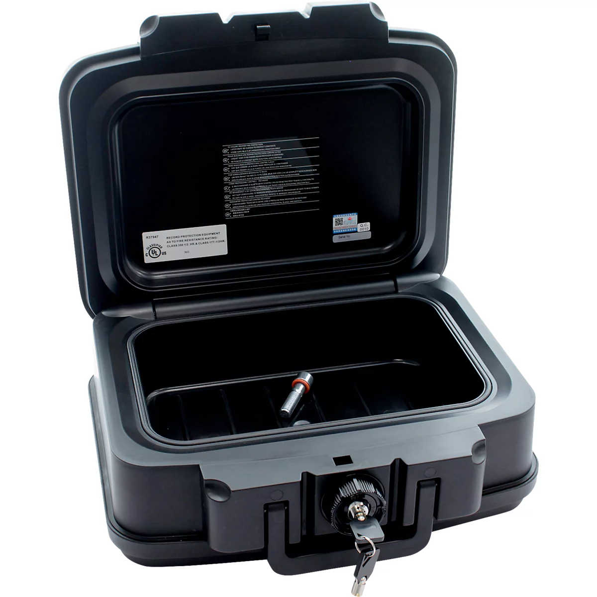 Rottner Feuerschutzkassette Fire Data Box 1, 5 l, Feuerschutz bis 30 min, Zylinderschloss, Tragegriff, B 382 x T 324 x H 165 mm, schwarz