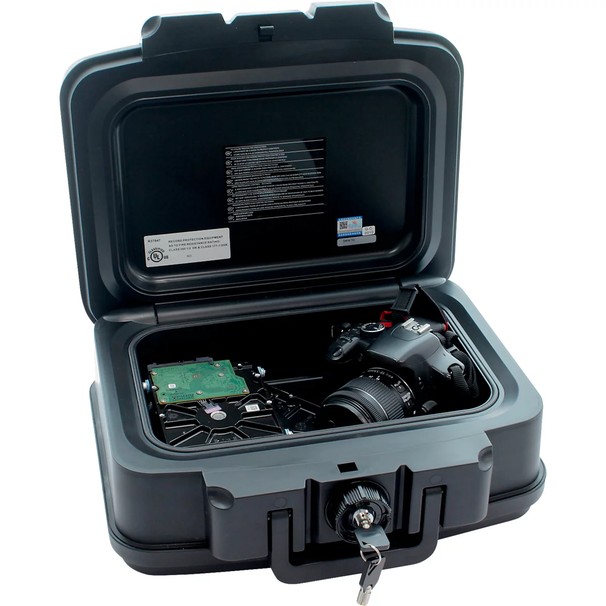 Rottner Feuerschutzkassette Fire Data Box 1, 5 l, Feuerschutz bis 30 min, Zylinderschloss, Tragegriff, B 382 x T 324 x H 165 mm, schwarz