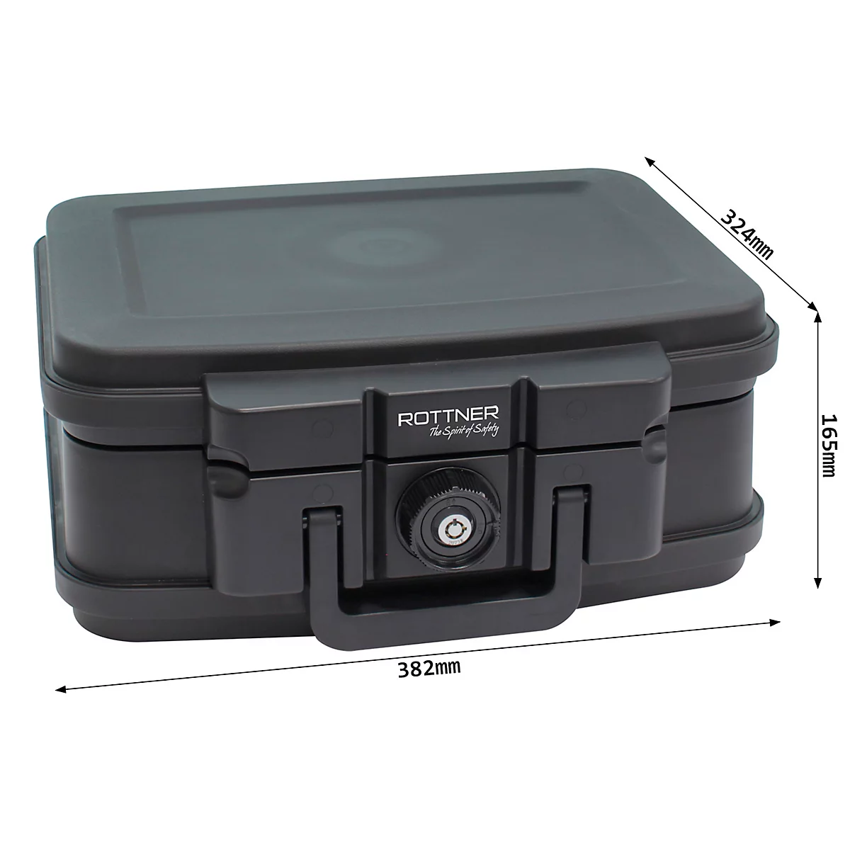 Rottner Feuerschutzkassette Fire Data Box 1, 5 l, Feuerschutz bis 30 min, Zylinderschloss, Tragegriff, B 382 x T 324 x H 165 mm, schwarz