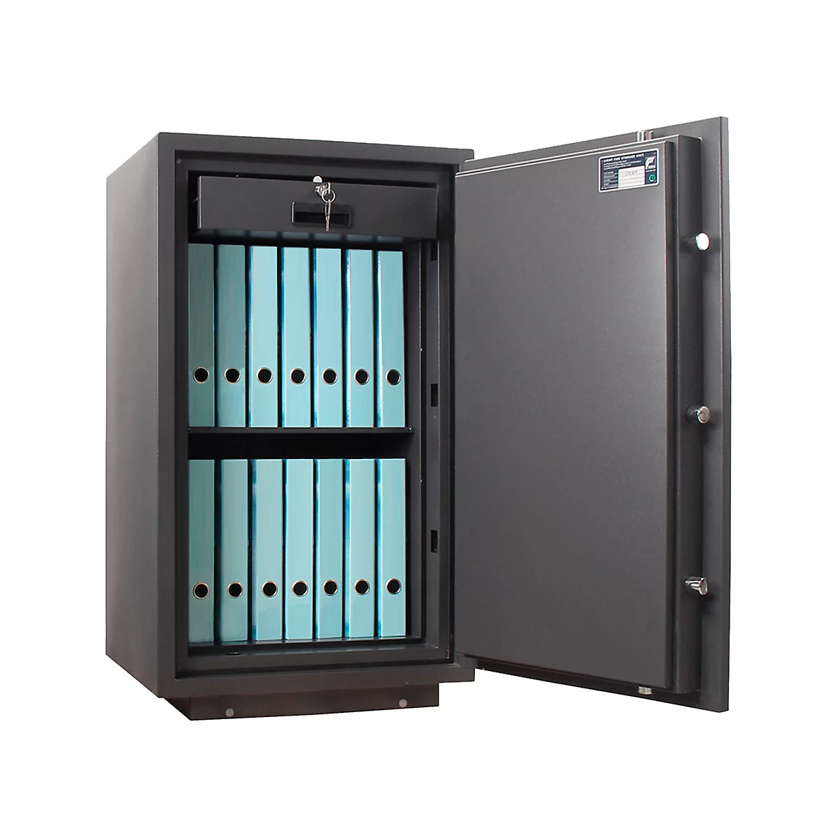 Grauer Tresor, offene Tür, hellblaue Ordner. Oben eine Schublade mit Schlüssel. Die linke Tür ist geöffnet.