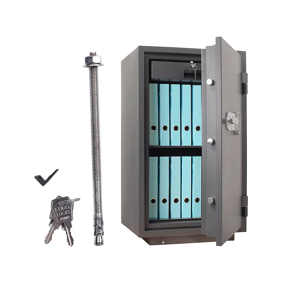 Grauer Tresor mit geöffneter Tür. Blaue Ordner im Inneren, daneben Schlüssel und Schraube.