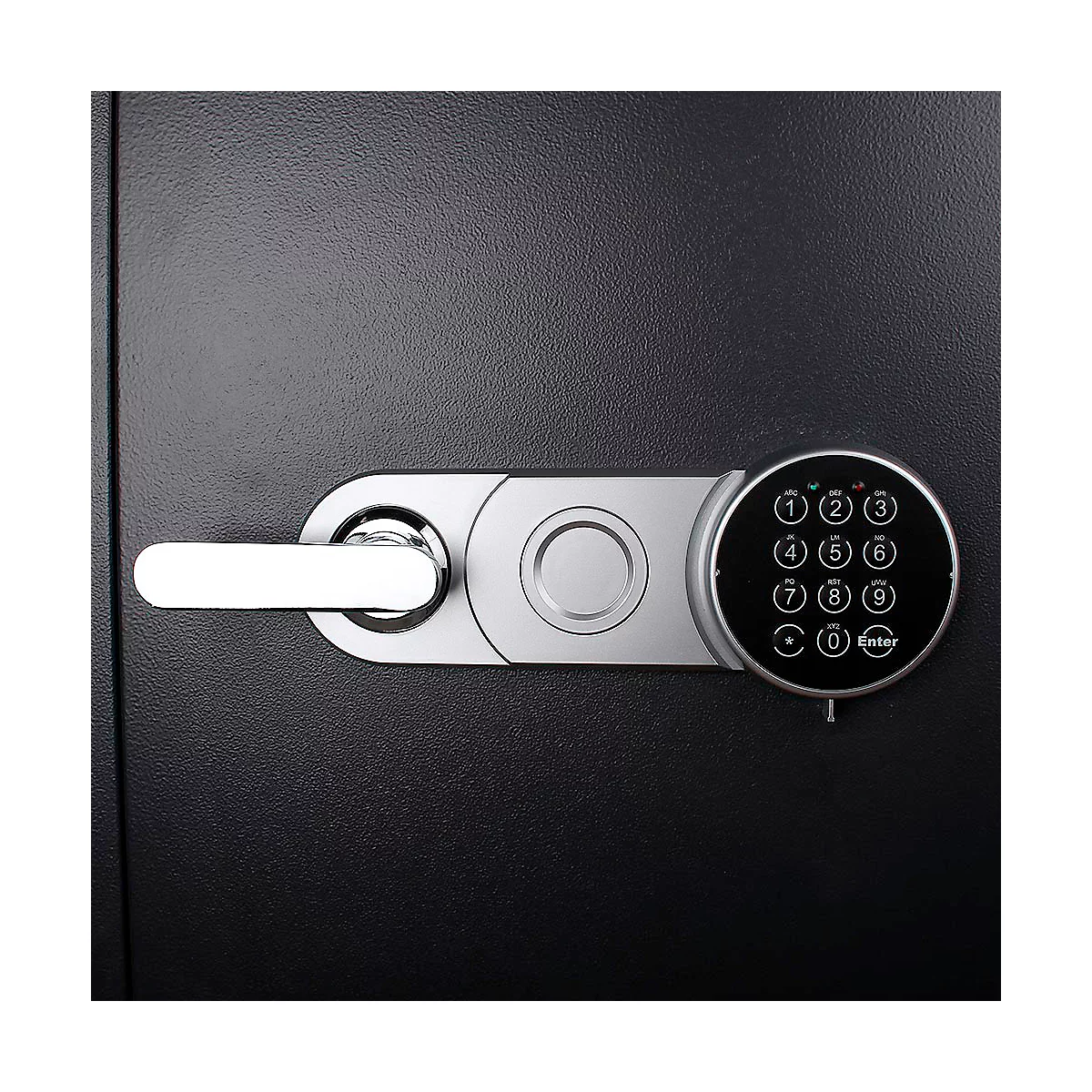 Nahaufnahme eines Tresorschlosses. Es hat eine runde Tastatur, eine Griffstange und einen Fingerabdrucksensor.