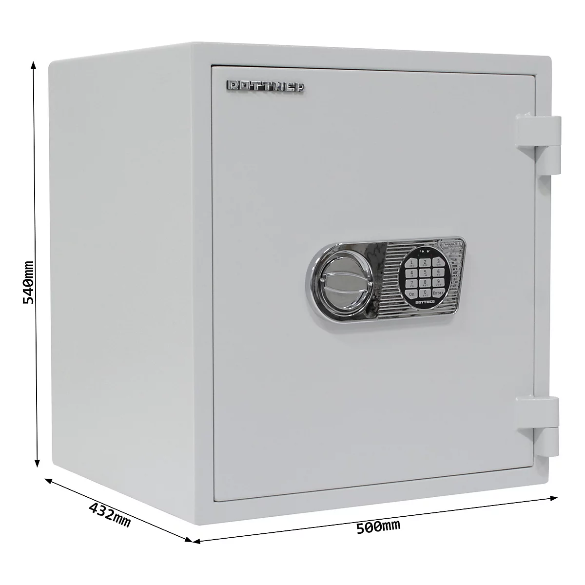 Ein weißer Tresor mit elektronischem Zahlenschloss. Maße sind 500x432x540mm.