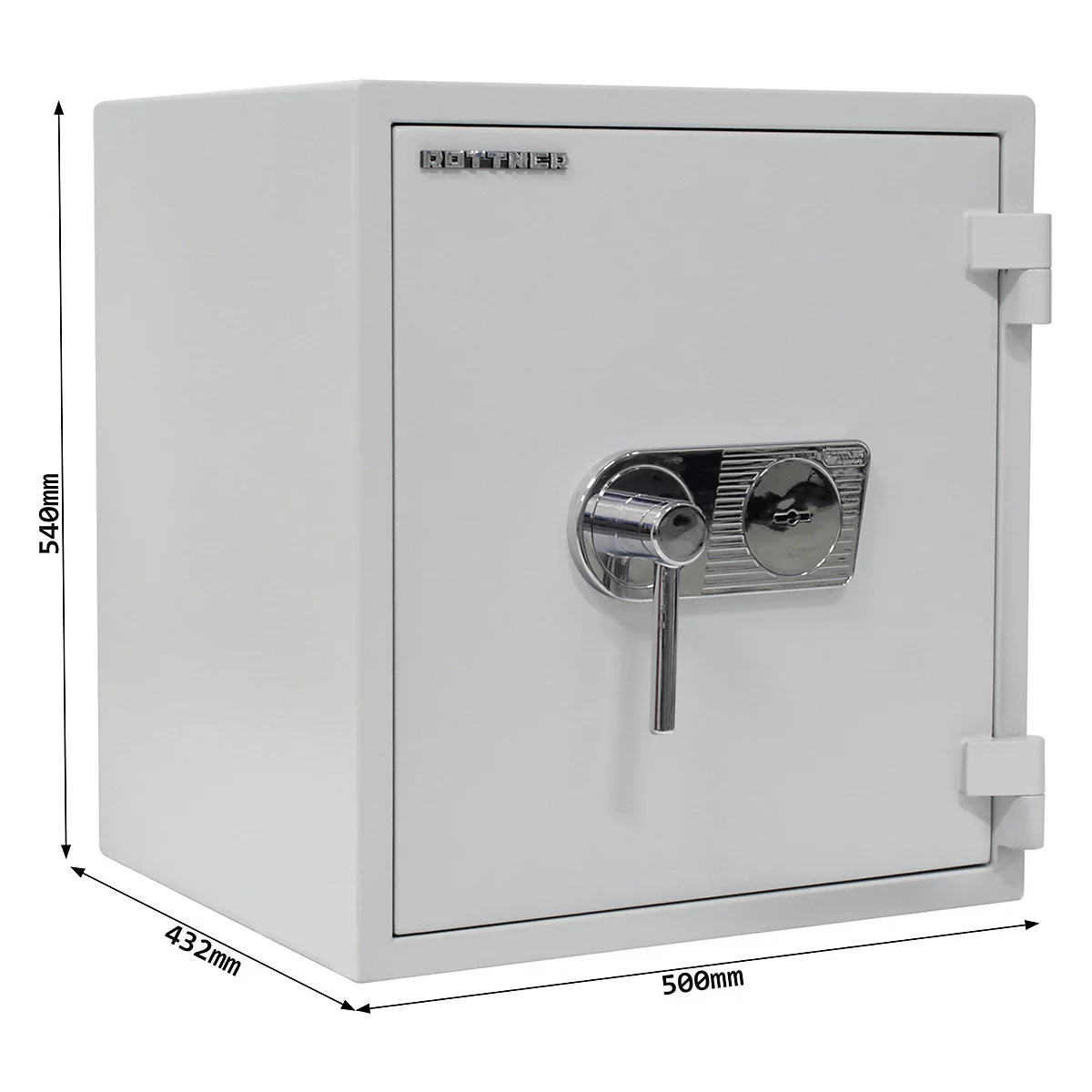 Weißer Tresor mit silbernem Griff, Maßangaben: 540mm x 432mm x 500mm.