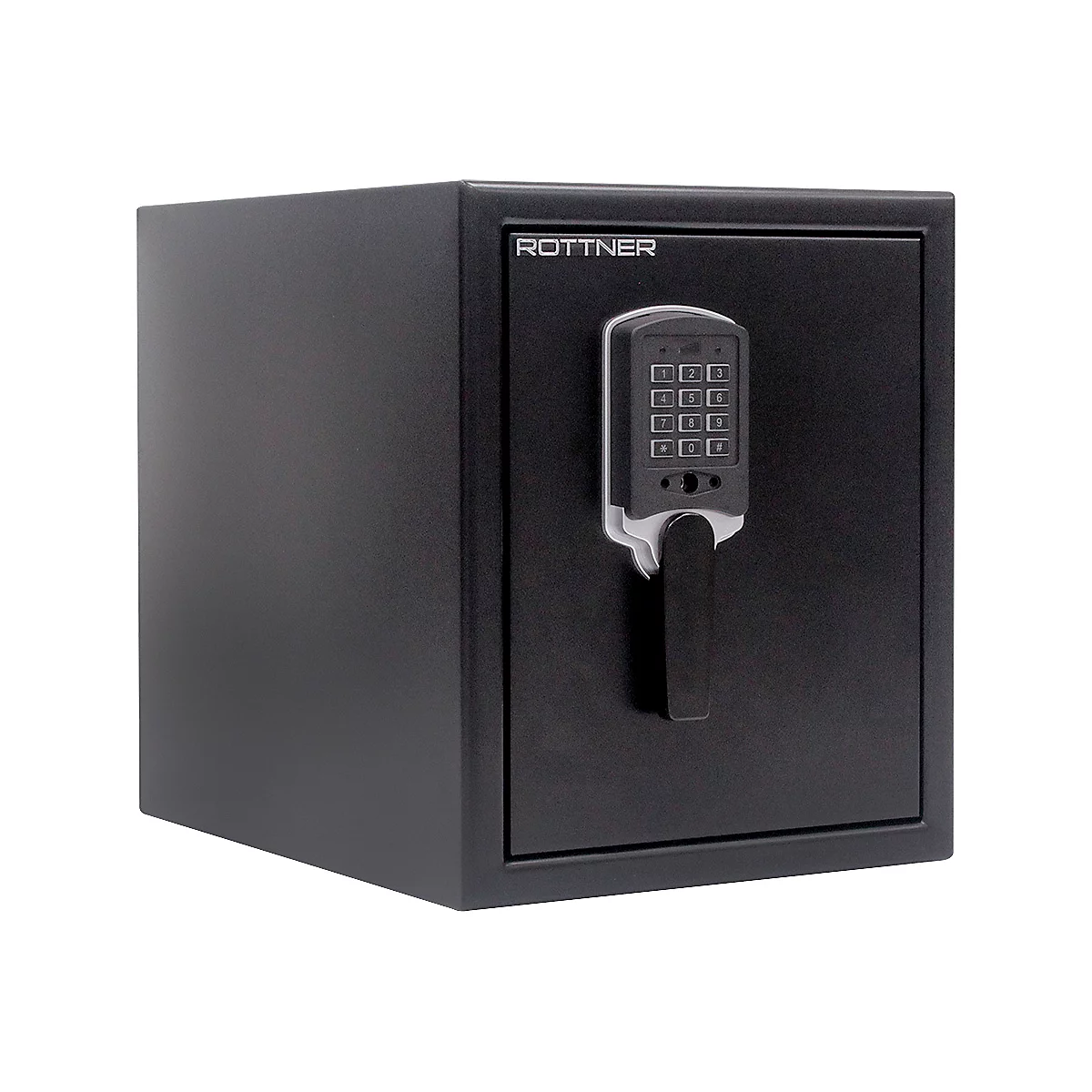 Black safe with keypad and handle. 'ROTTNER' is written above the lock.