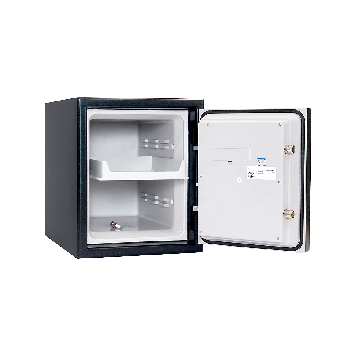 Open black safe with white interior and two shelves.