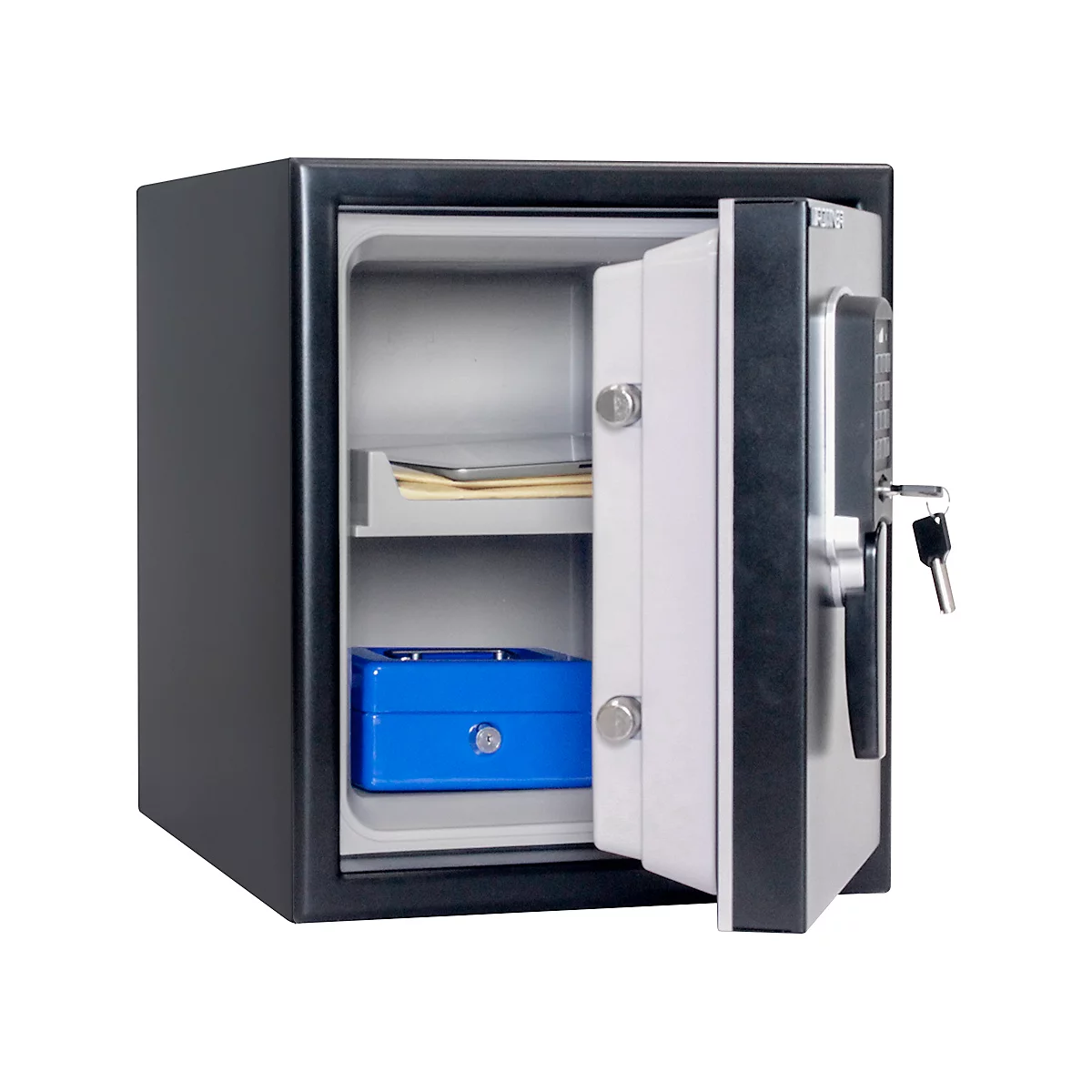 Open safe with digital lock, key, and blue safe.