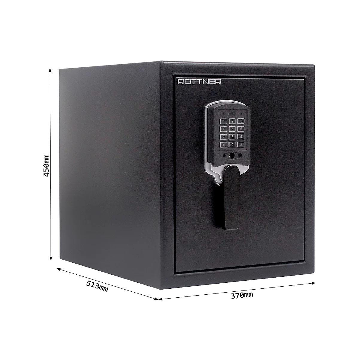 Black safe with keypad and handle. Dimensions are given. Rottner inscription.