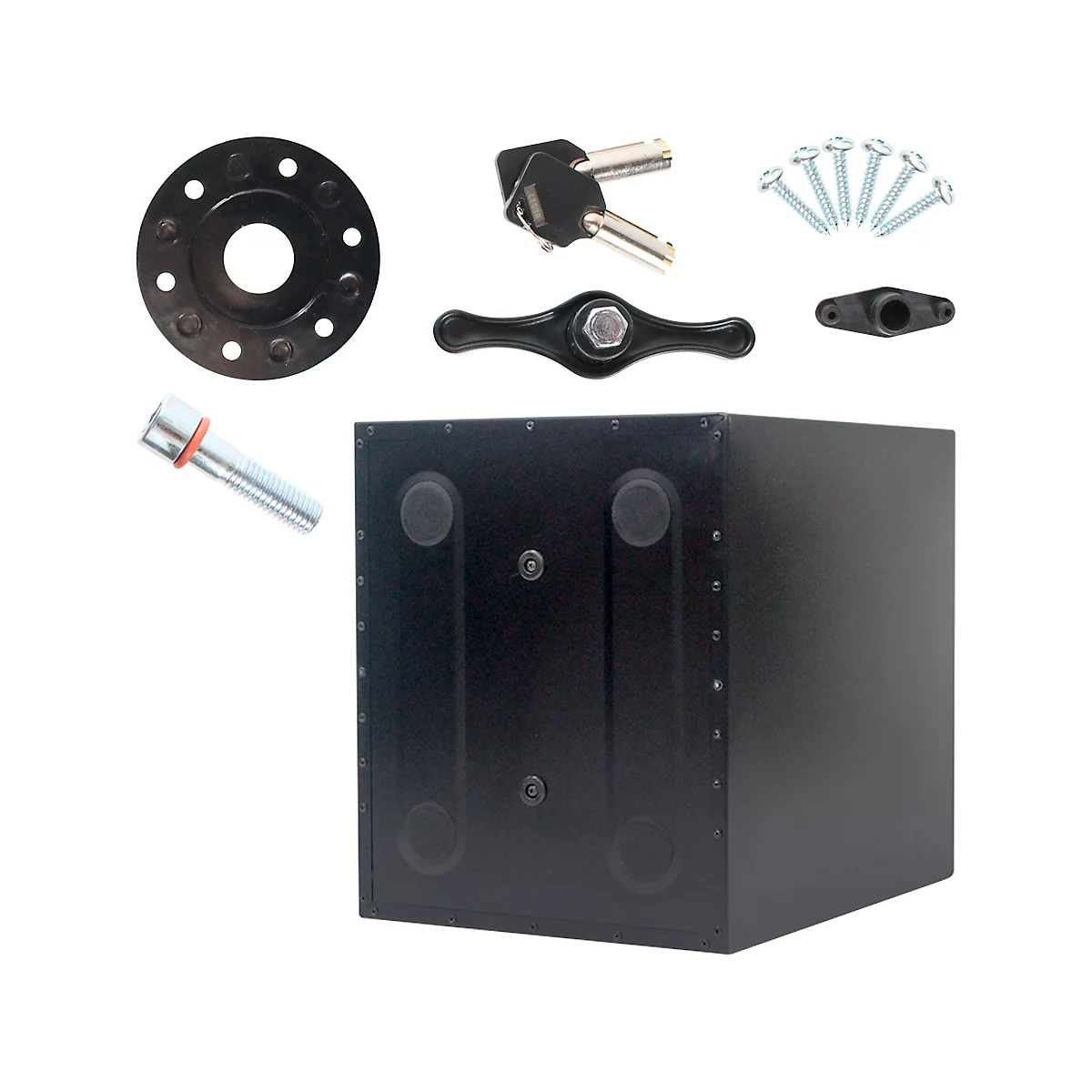 Black cube with accessories: keys, screws, lever. All against a white background.