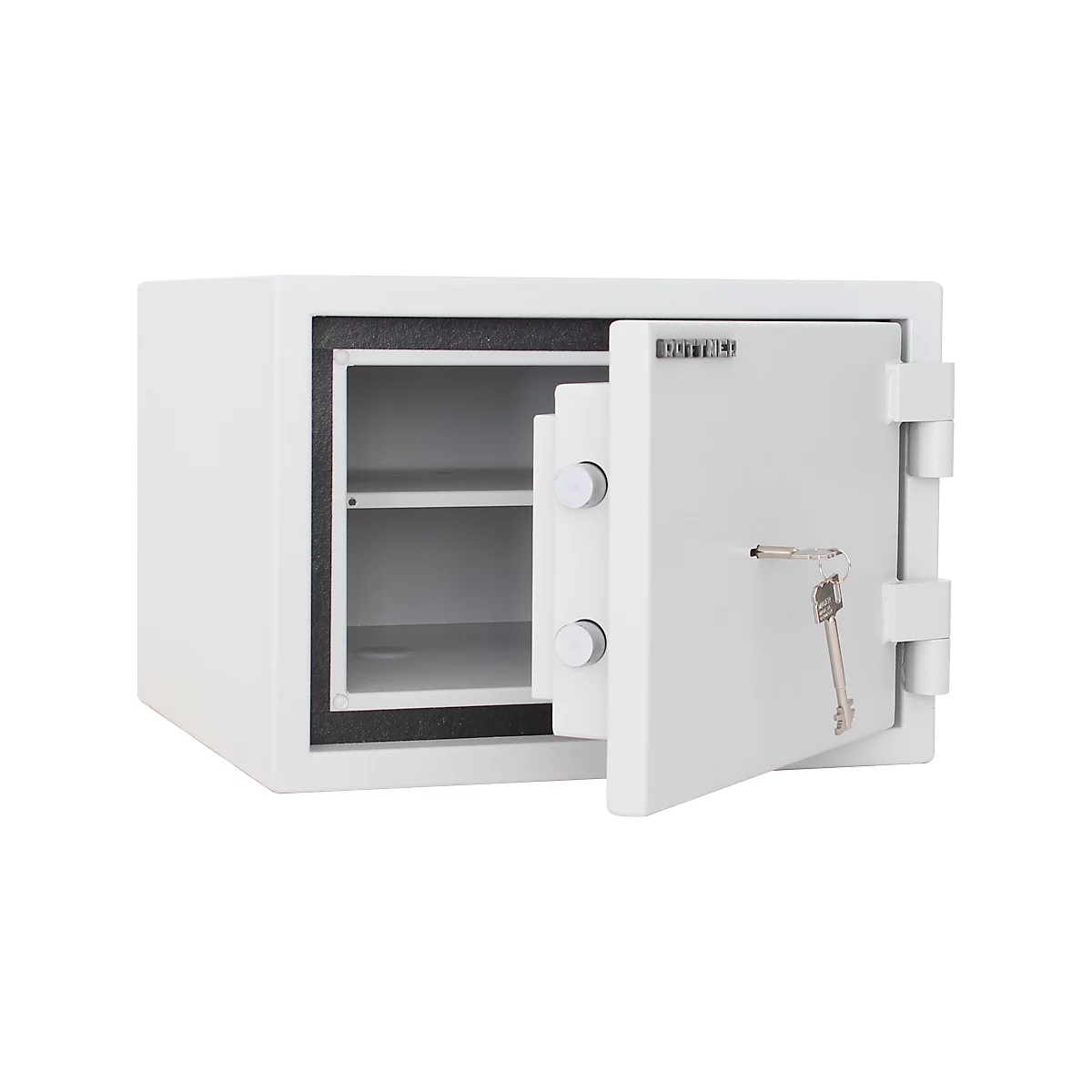White safe, partially open, with keys. Two shelves inside.