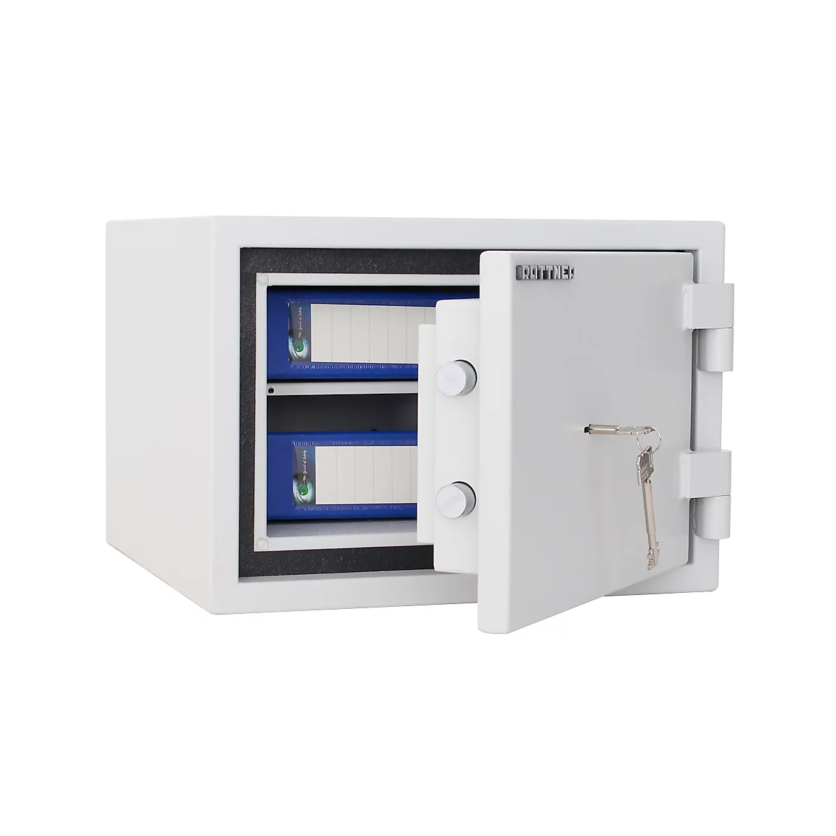 White safe with the door open, showing blue folders inside.
