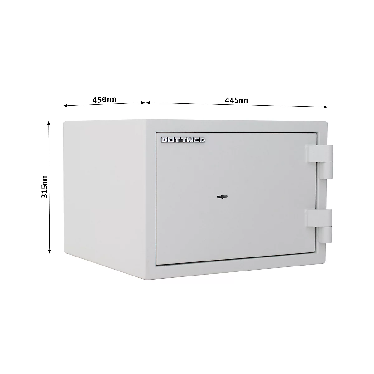 Gray safe with dimensions. 'ROTTNER' is at the top. Dimensions: 450mm, 445mm, 315mm.