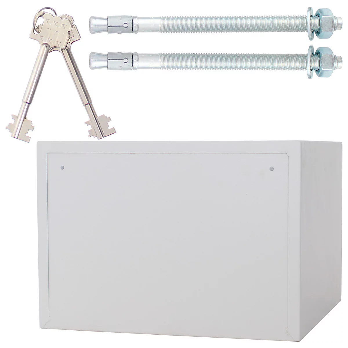 White safe with two keys and mounting hardware.