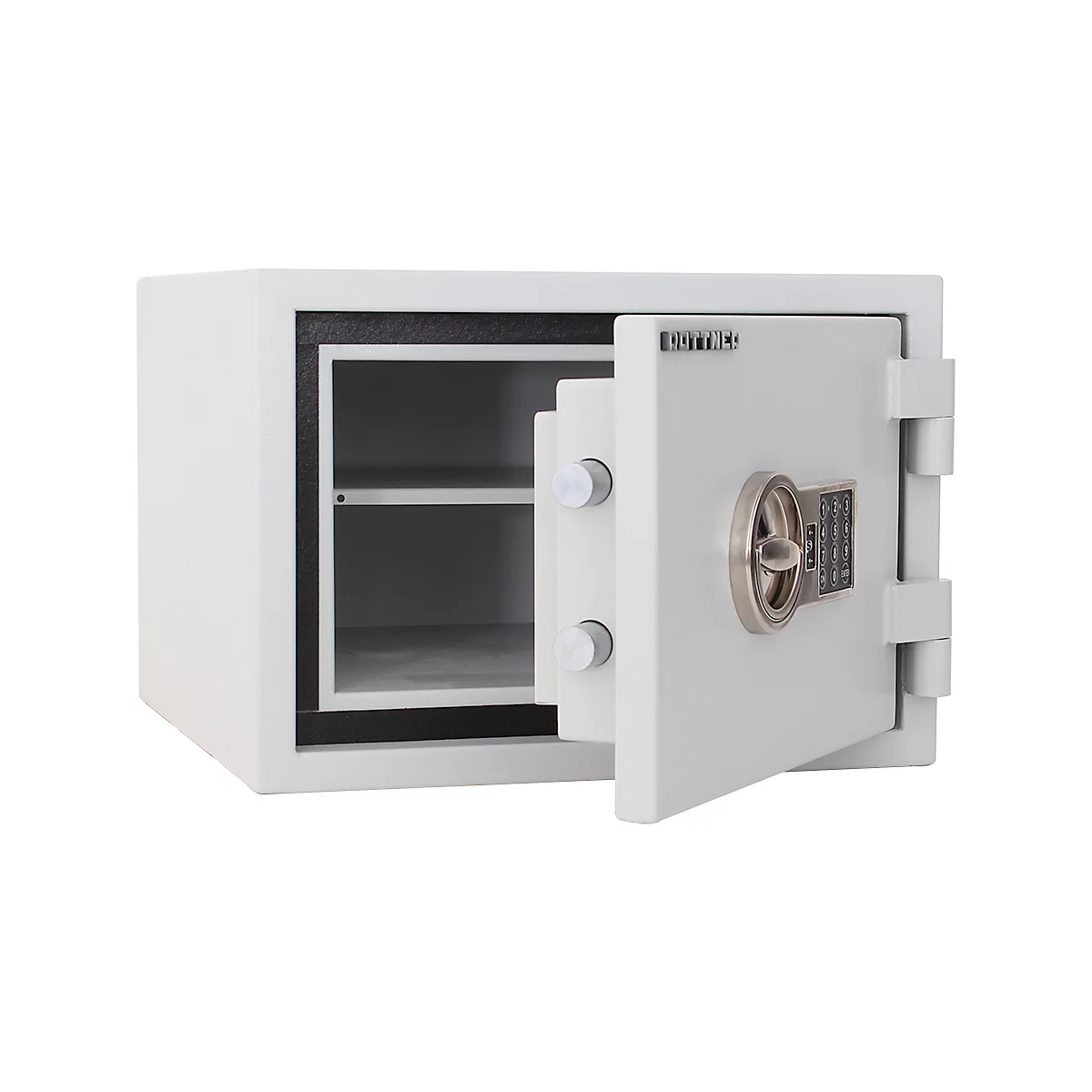 A white safe, the door is open. You can see the combination and the interior with two shelves.