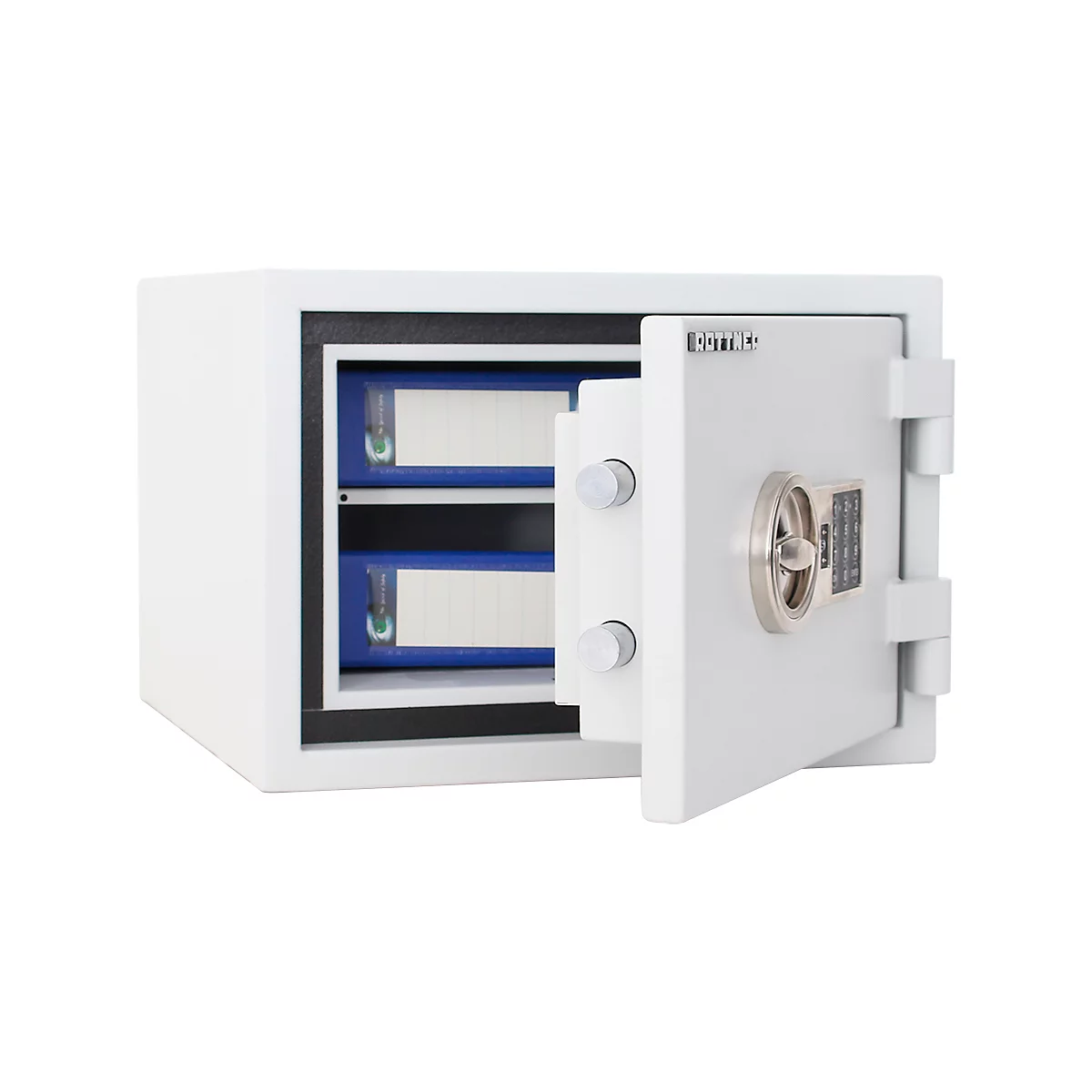 Open white safe with two blue files inside. The lock is silver, the door is open.