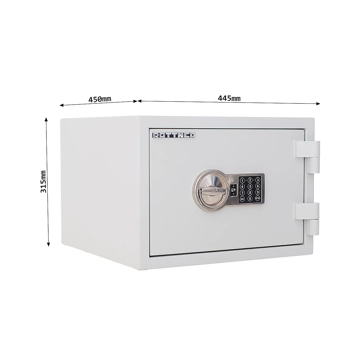 White safe with numeric keypad and handle. Dimensions 450mm x 445mm x 315mm.