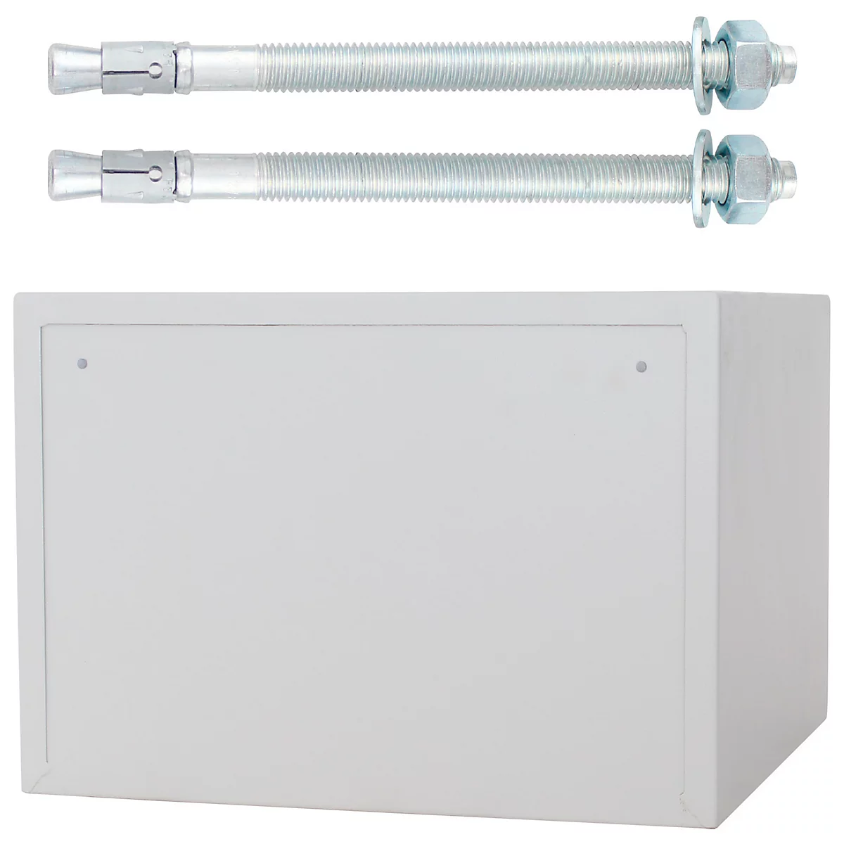 White safe with two bolts and nuts. The safe has a rectangular shape.