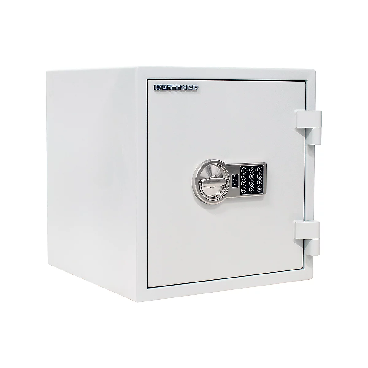 White safe with keypad, open door hinges and "BEST PRICE" logo.