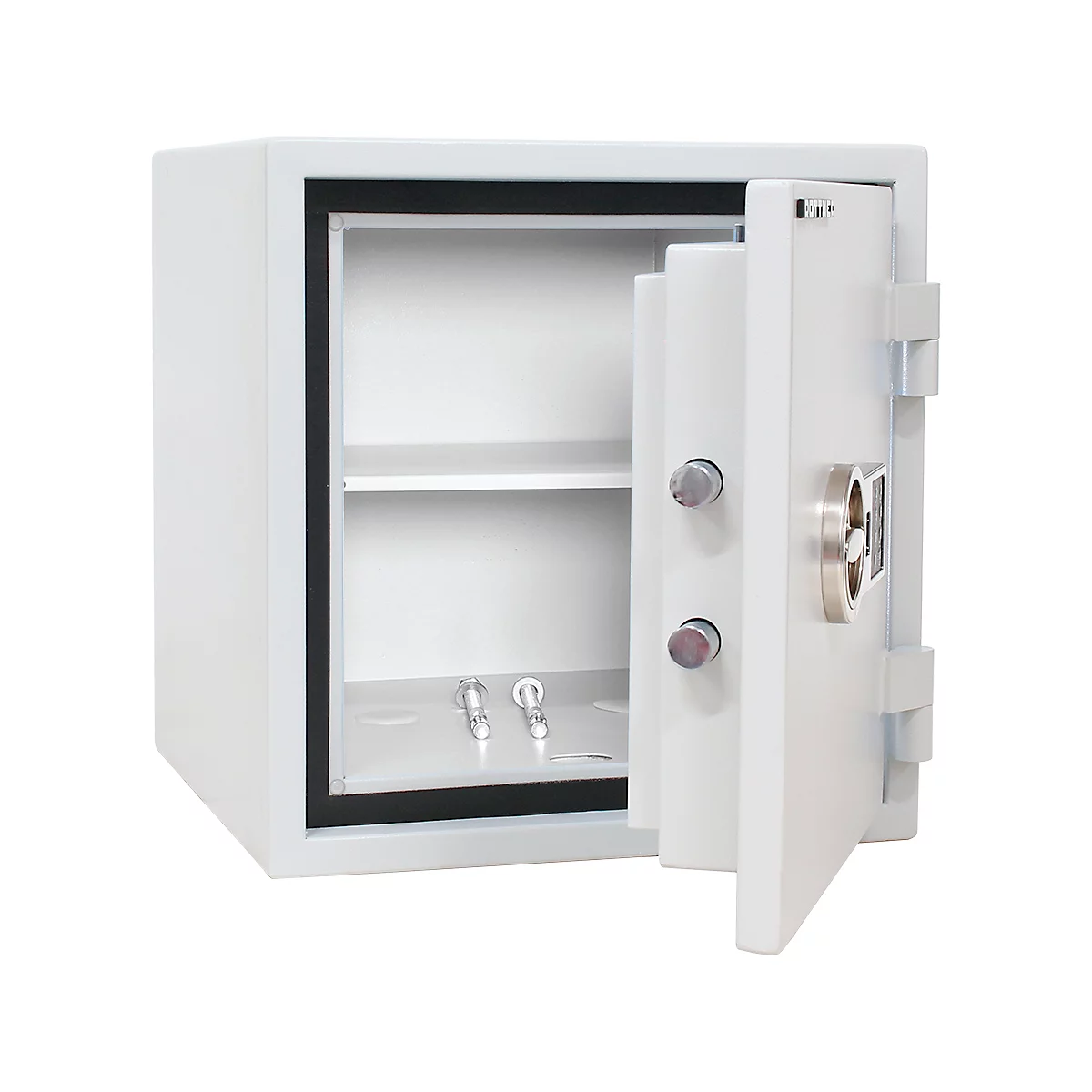White, open safe with silver knobs and a shelf inside.