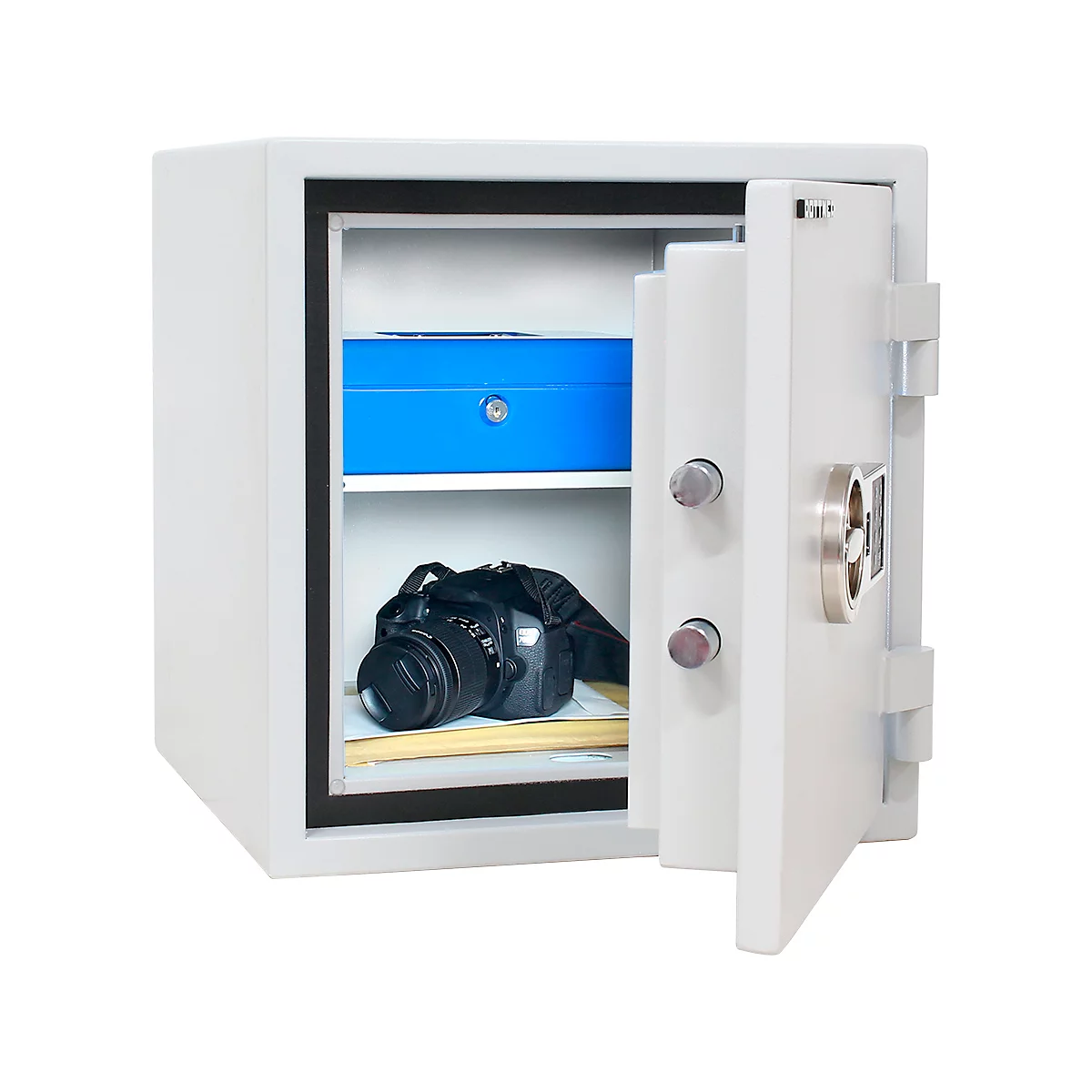 Open safe with camera, documents and blue box. White safe with black frame.