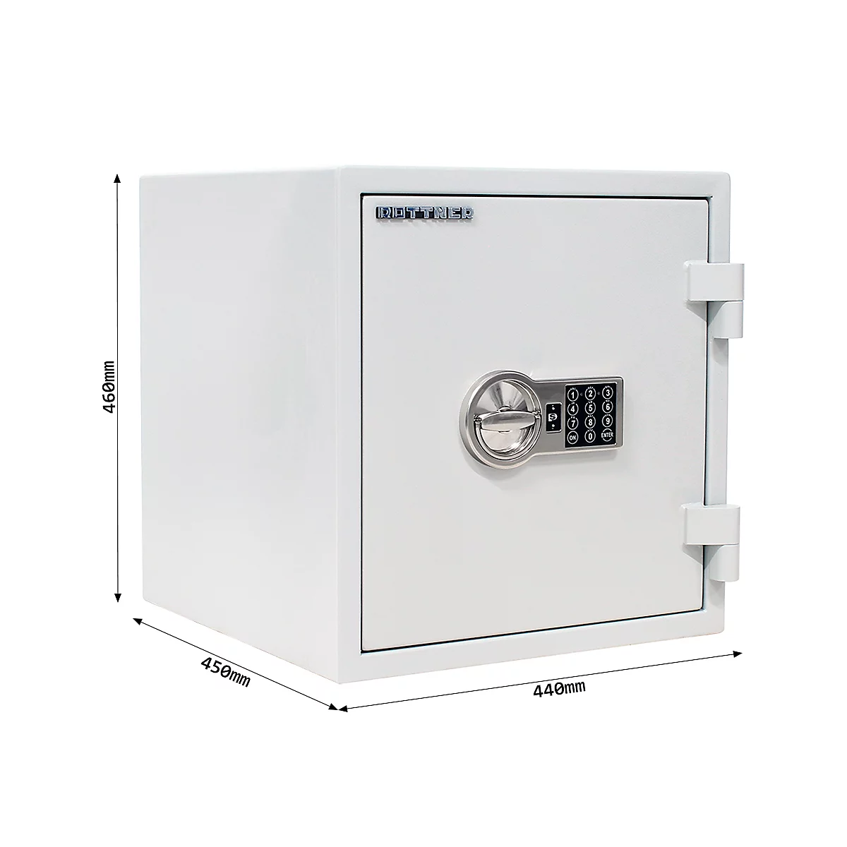 White safe with digital lock, dimensions 450mm x 450mm x 440mm. Inscription: "NUT-TECH".
