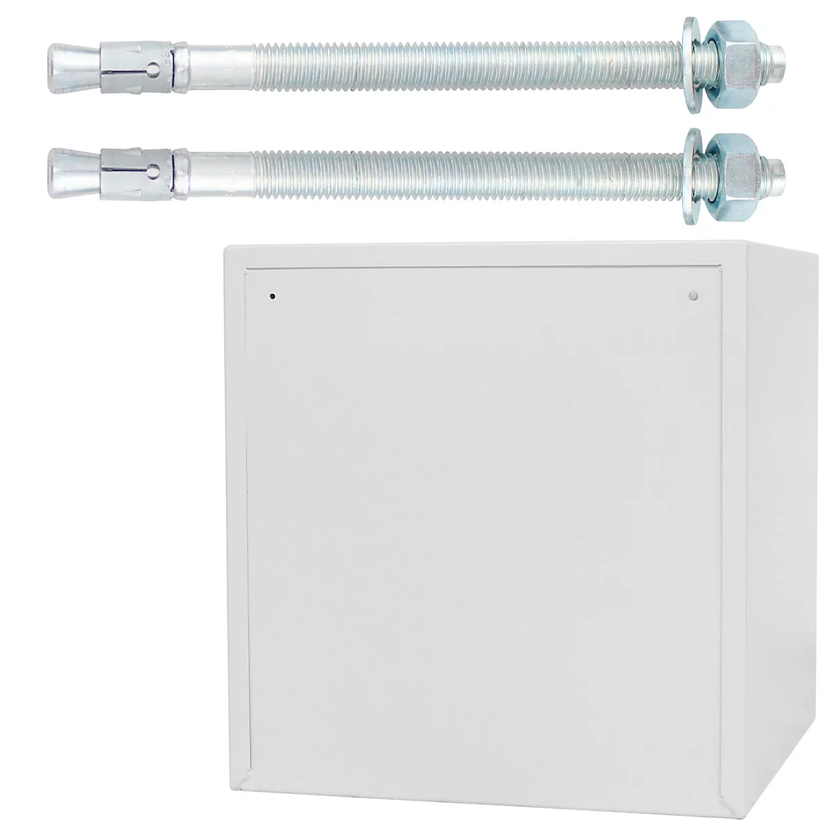 Two anchor bolts with nuts and a white box against a white background.