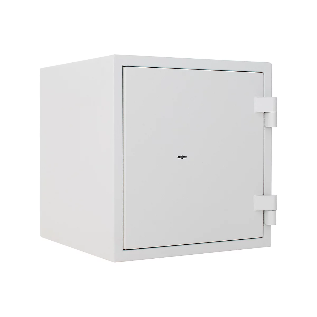White safe, square, door with lock and hinges.