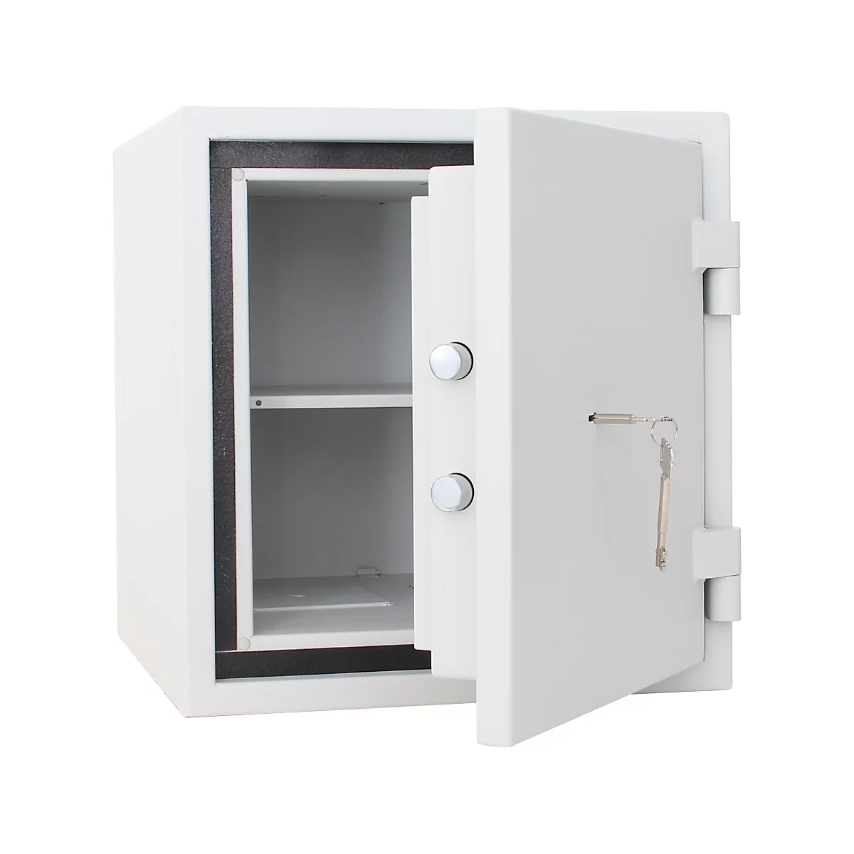 A white safe, its door open, reveals an empty interior with a shelf. Keys hang.