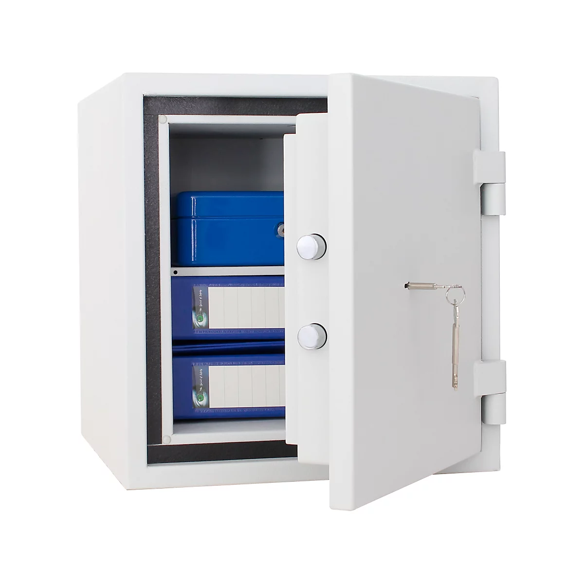 White safe, door open, key hanging. Inside, blue file folders and a blue box.