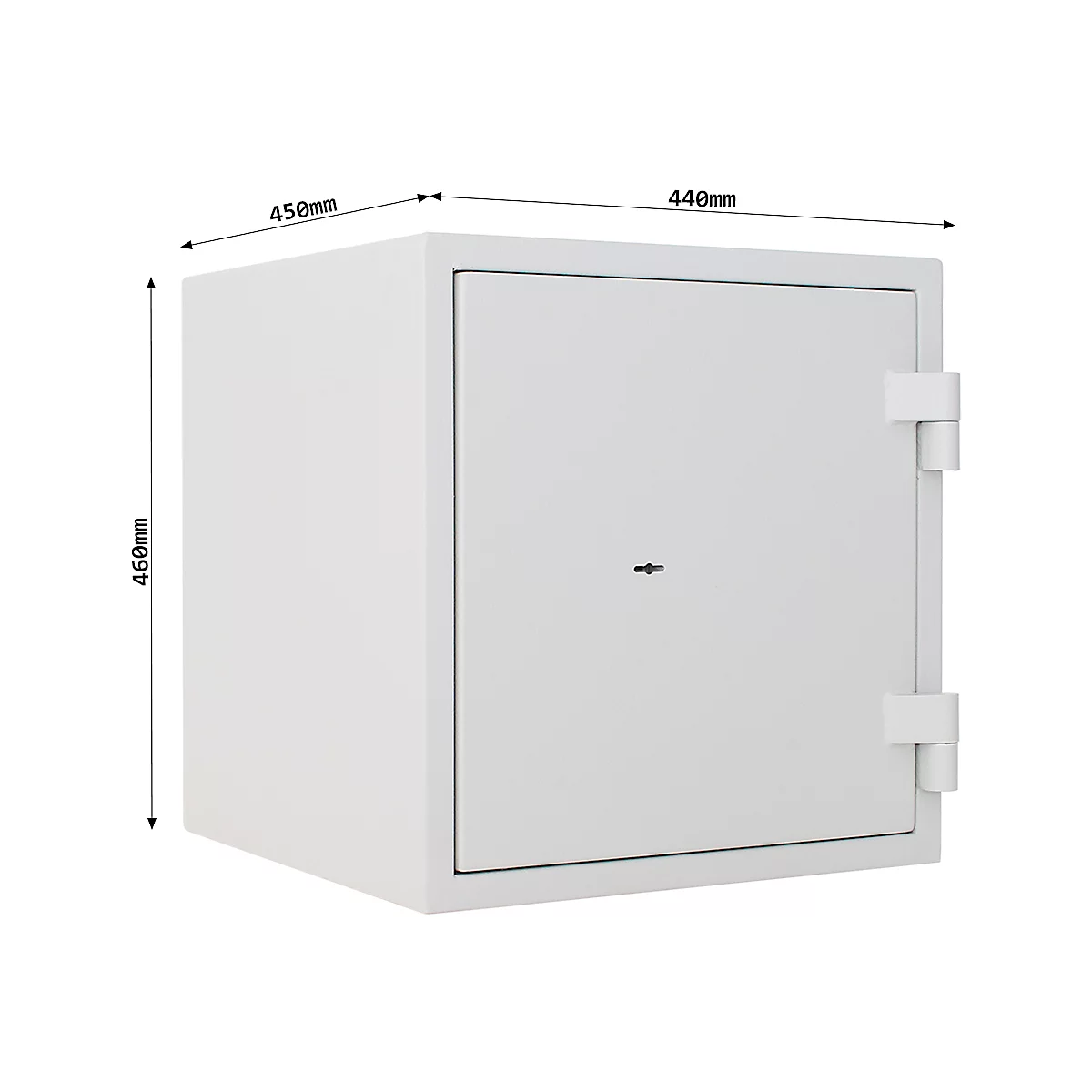 White safe with dimensions and keyhole. On white background. 460 mm high, 450 mm wide and 440 mm deep.