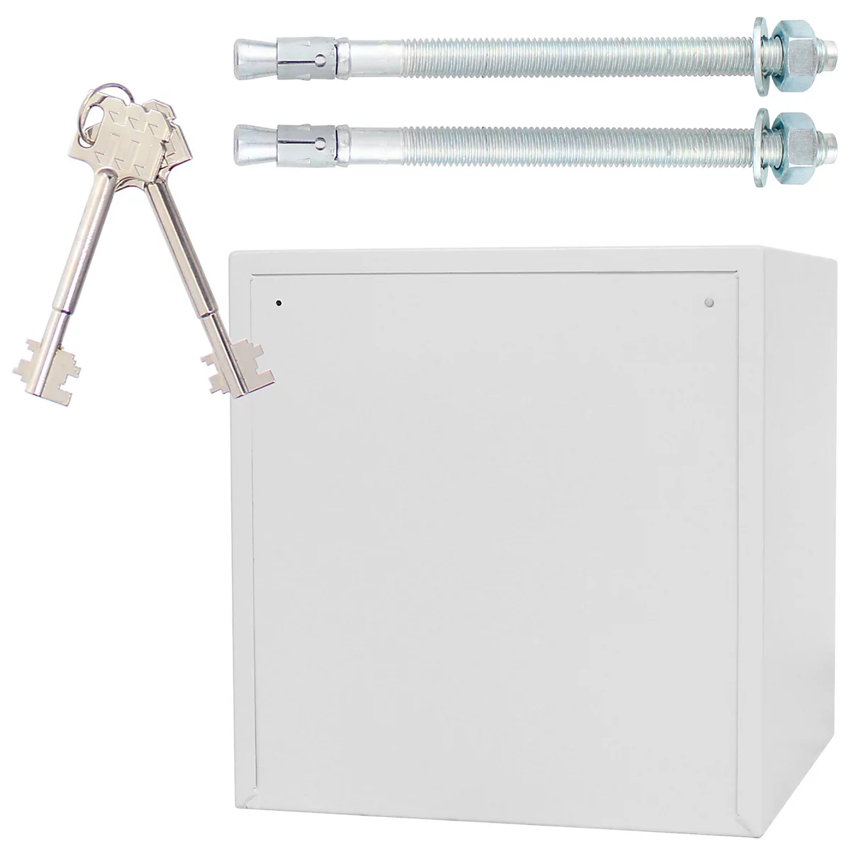 White safe with keys and mounting hardware.