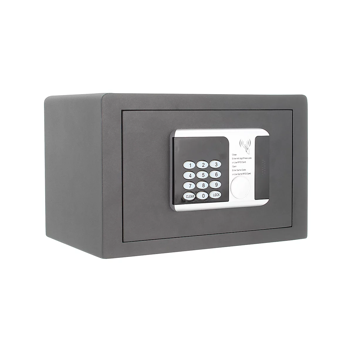 Gray safe with number code and digital control panel. Details such as buttons and display recognizable.