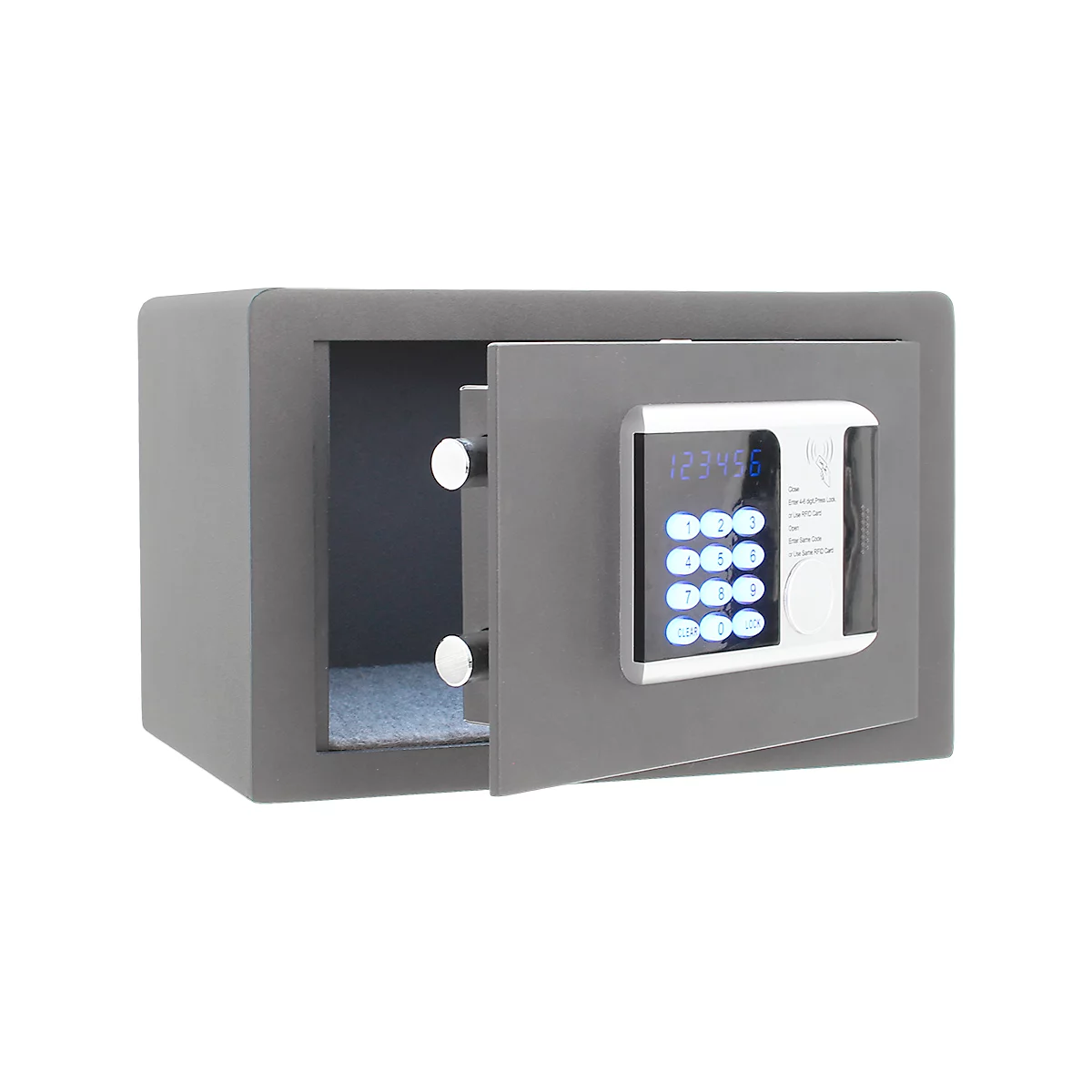 Grey safe, door open, with number keys. The code "123456" is visible on the display.