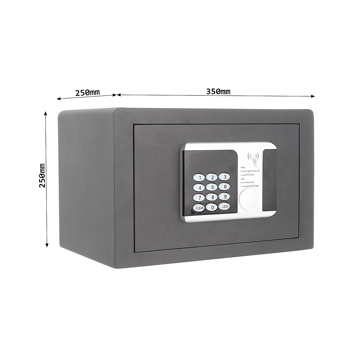 Grey safe with keypad, dimensions, and markings. The safe is equipped with a digital lock.
