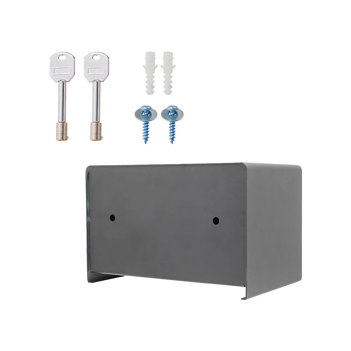 Grey wall safe with two keys, dowels, and screws.