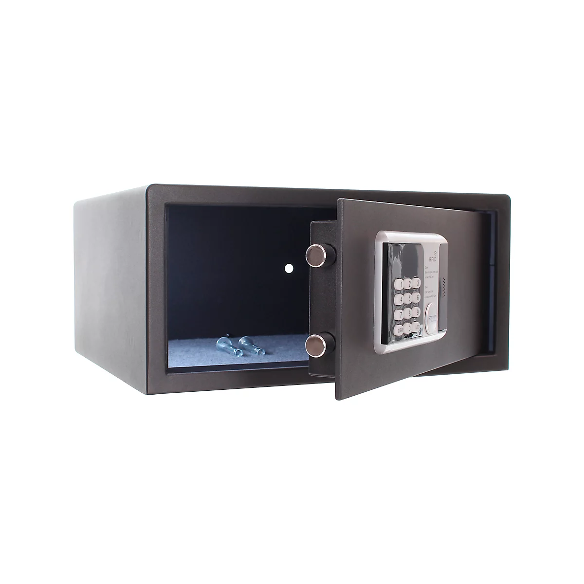 An open black safe with a digital keypad, with two keys inside.