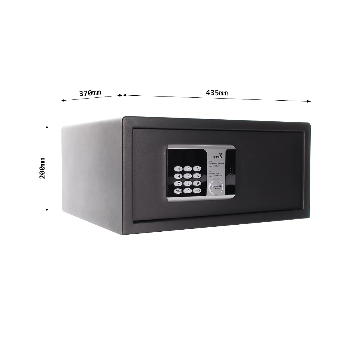 Black safe with number code and dimensions in mm.