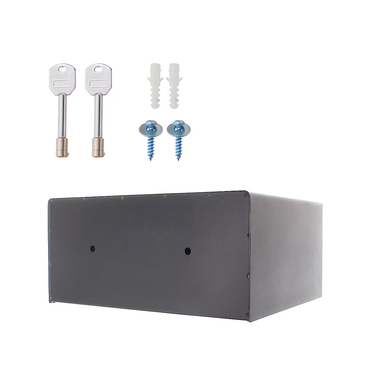 Black safe with keys, screws and dowels. The accessories are arranged on the top edge of the safe.