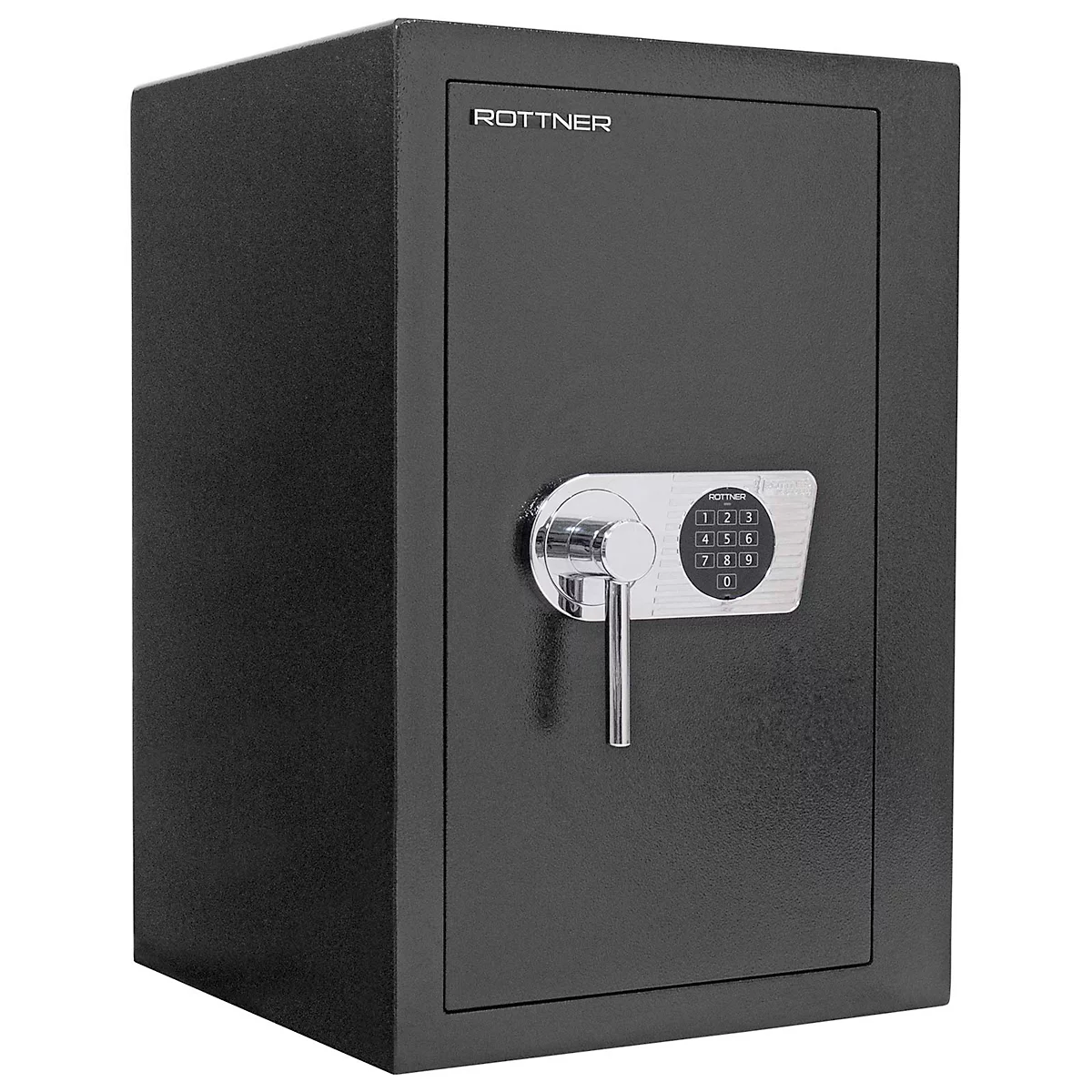 Schwarzer Tresor mit digitalem Zahlenfeld, Drehgriff und Markenlogo ROTTER.