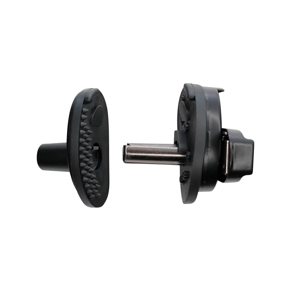 Twee zwarte plastic onderdelen verbonden door een metalen pin. Aan één kant noppen om de grip te verbeteren.
