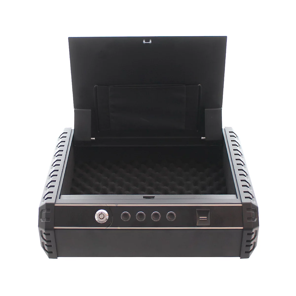 Black safe with open lid. Foam lined interior, locks, buttons and USB port on the front.