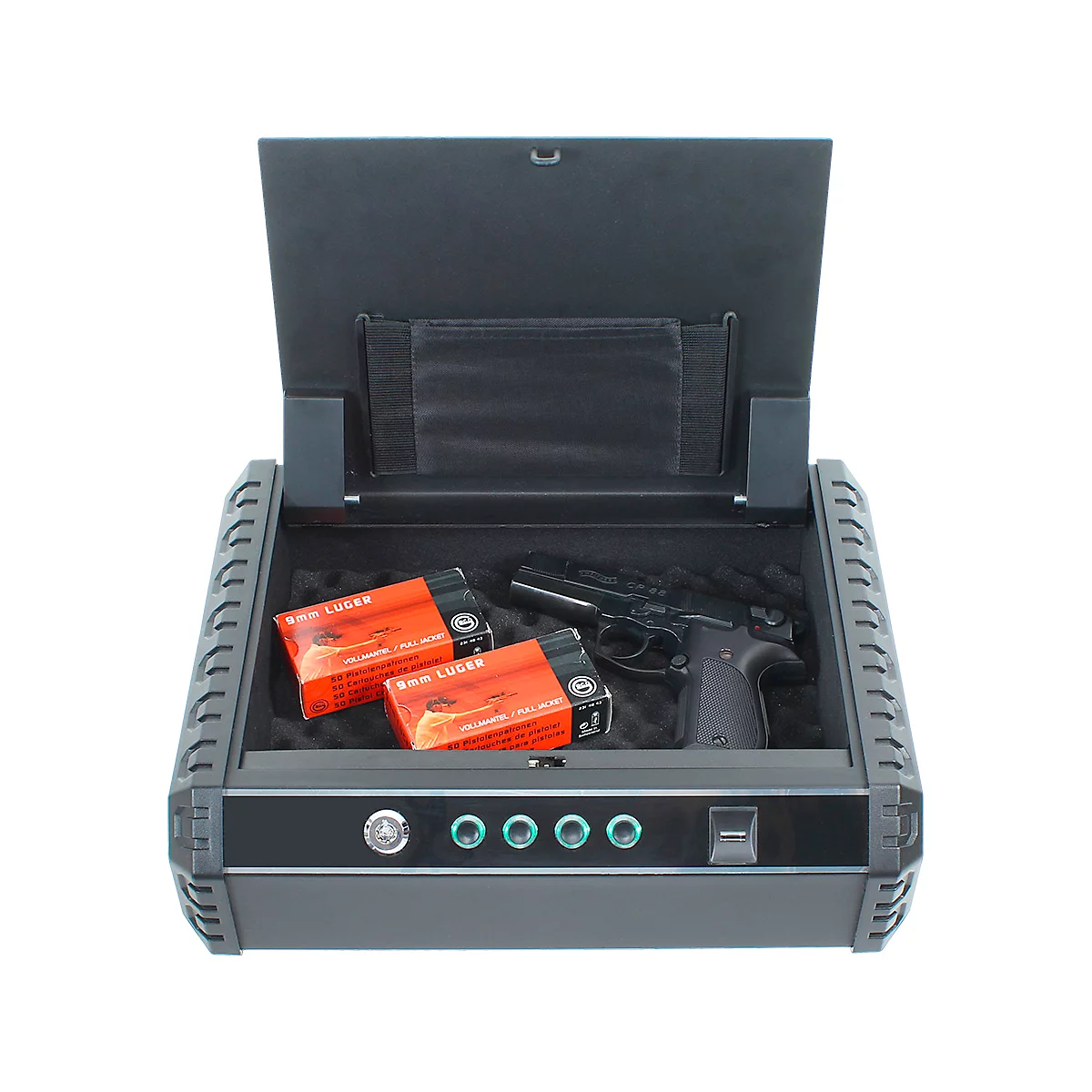 Open black pistol safe with pistol, ammunition and four buttons.
