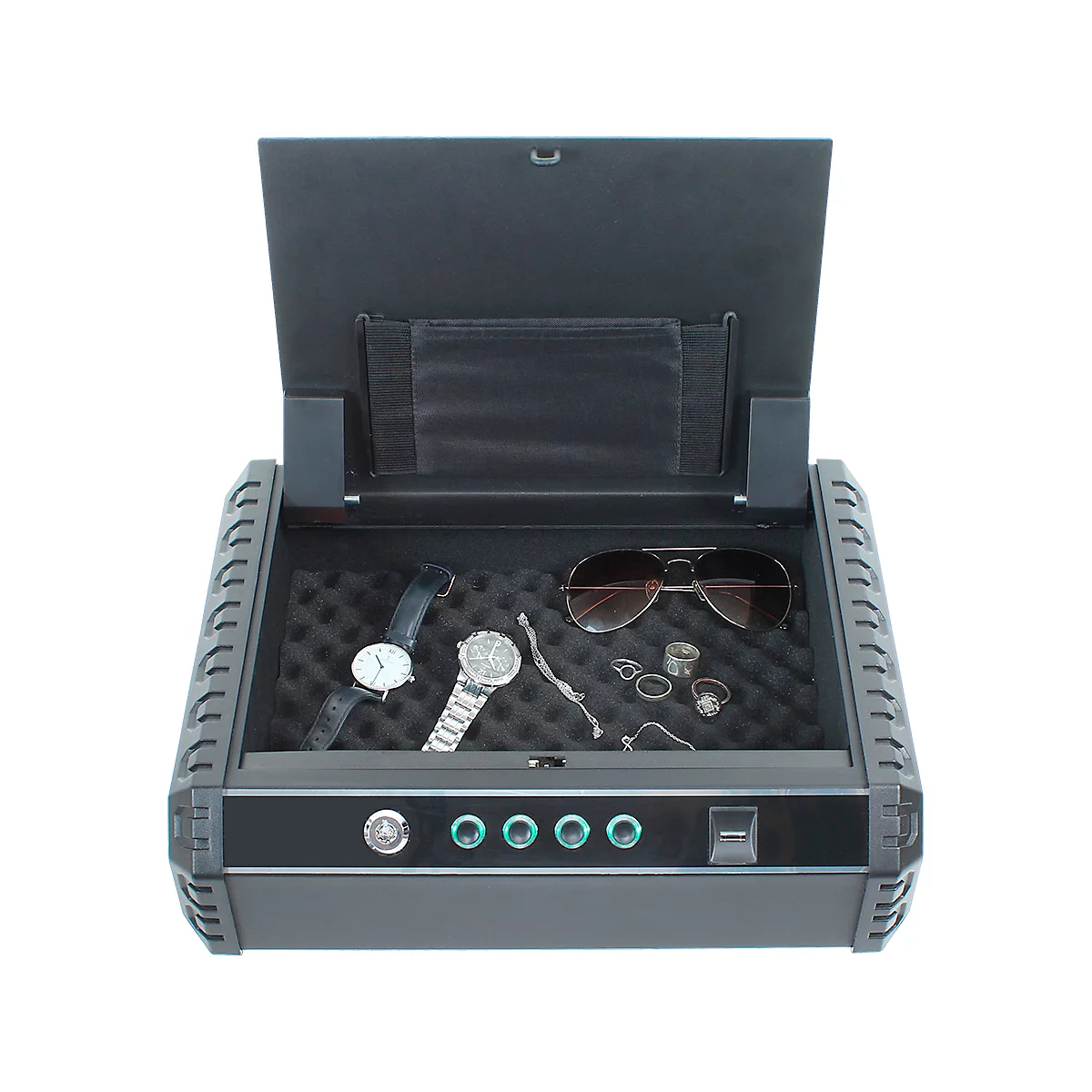 Open black safe with jewelry, sunglasses, and watches. The safe has a modern design with blue LED buttons and a fingerprint sensor.