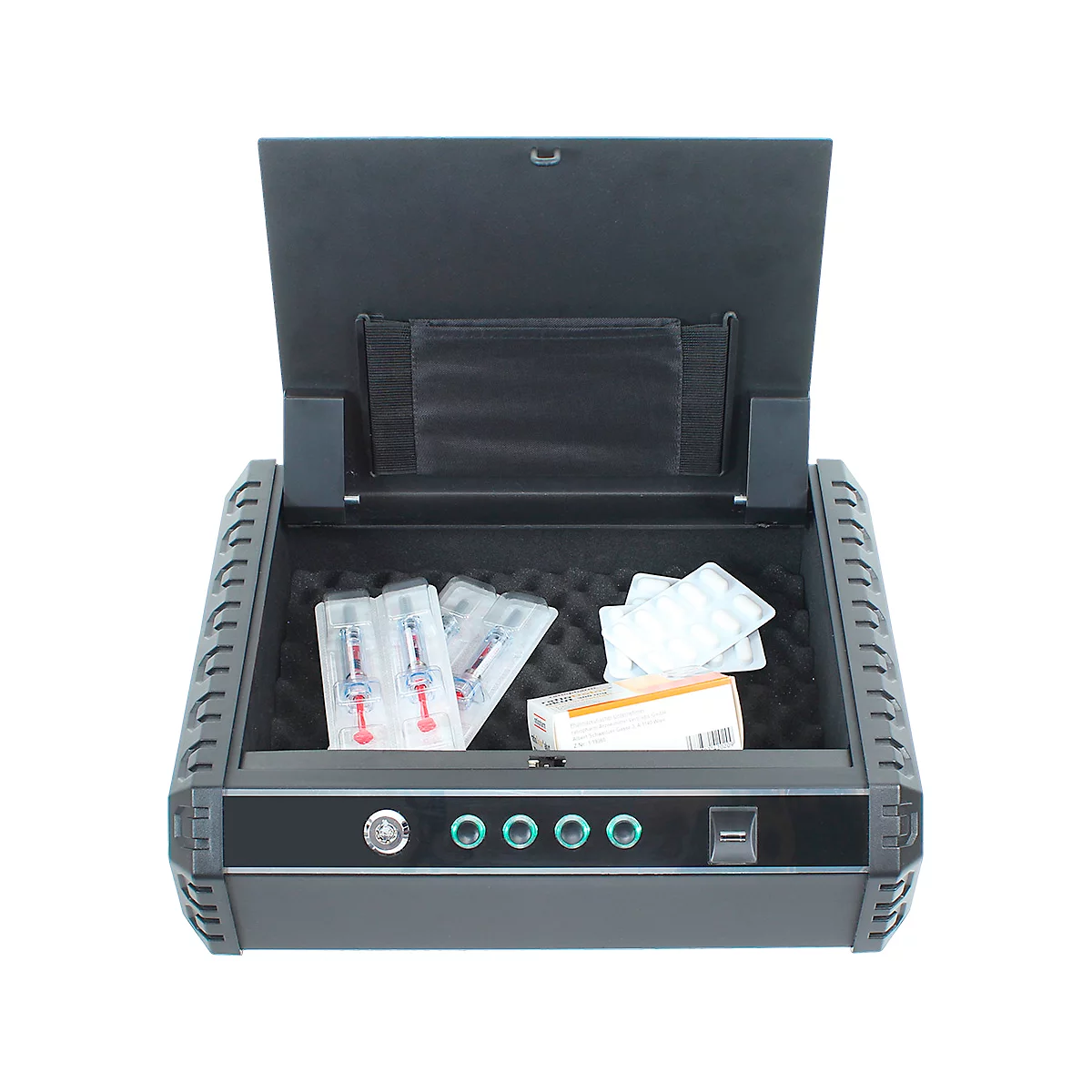 Open black safe containing medication. Inside are syringes, tablets, and a medicine package.