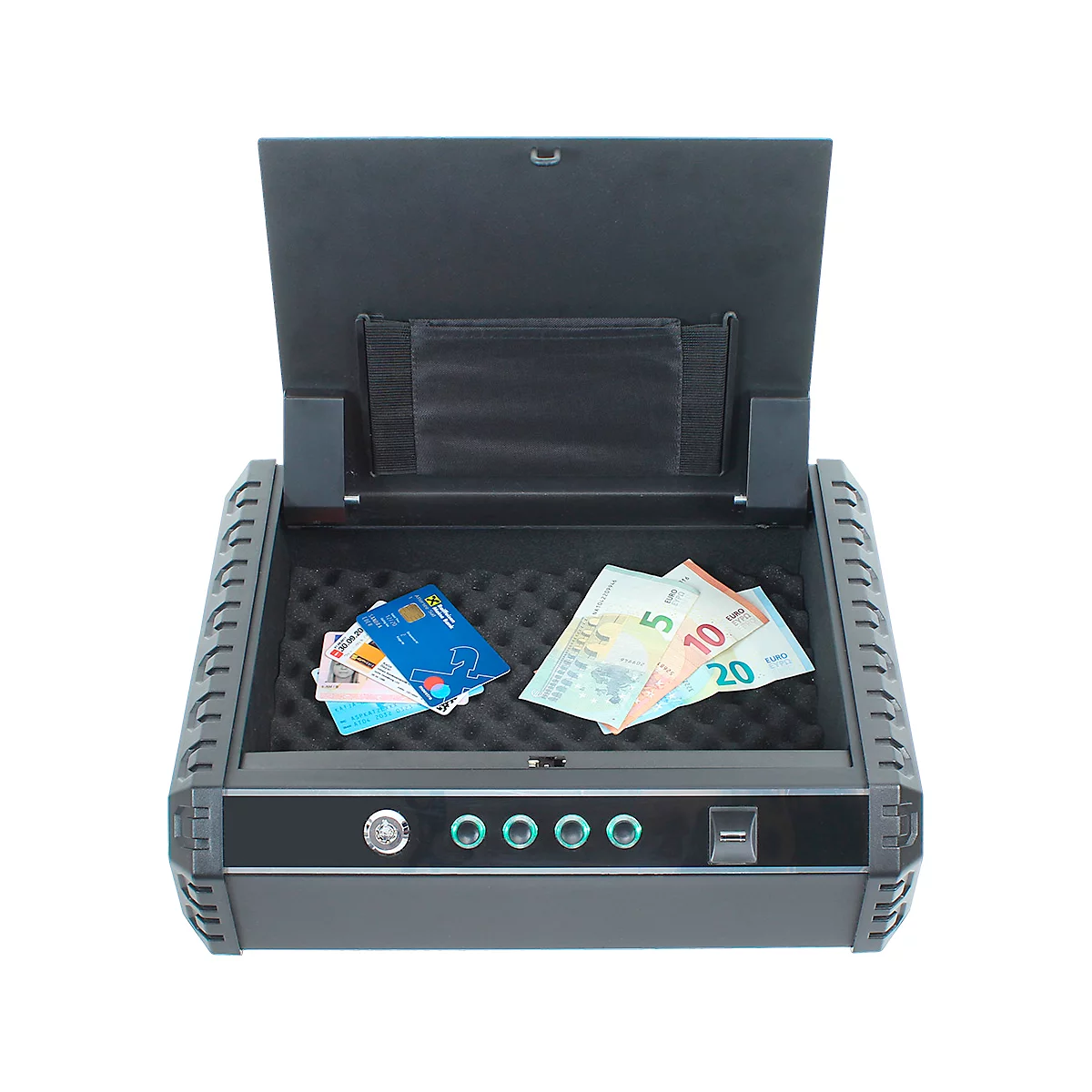 Open black money safe with money, cards and open lid. There are buttons and a switch on the edge.