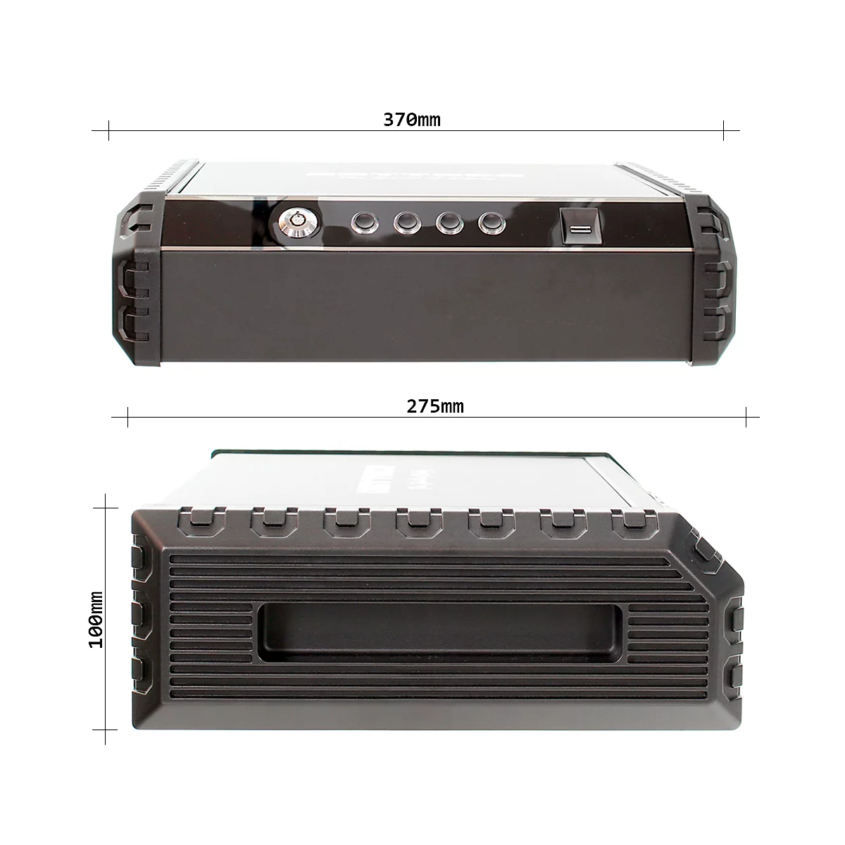 Top and side view of a black box with dimensions. Top: 370mm wide, bottom: 100mm high. Details: buttons, lock.